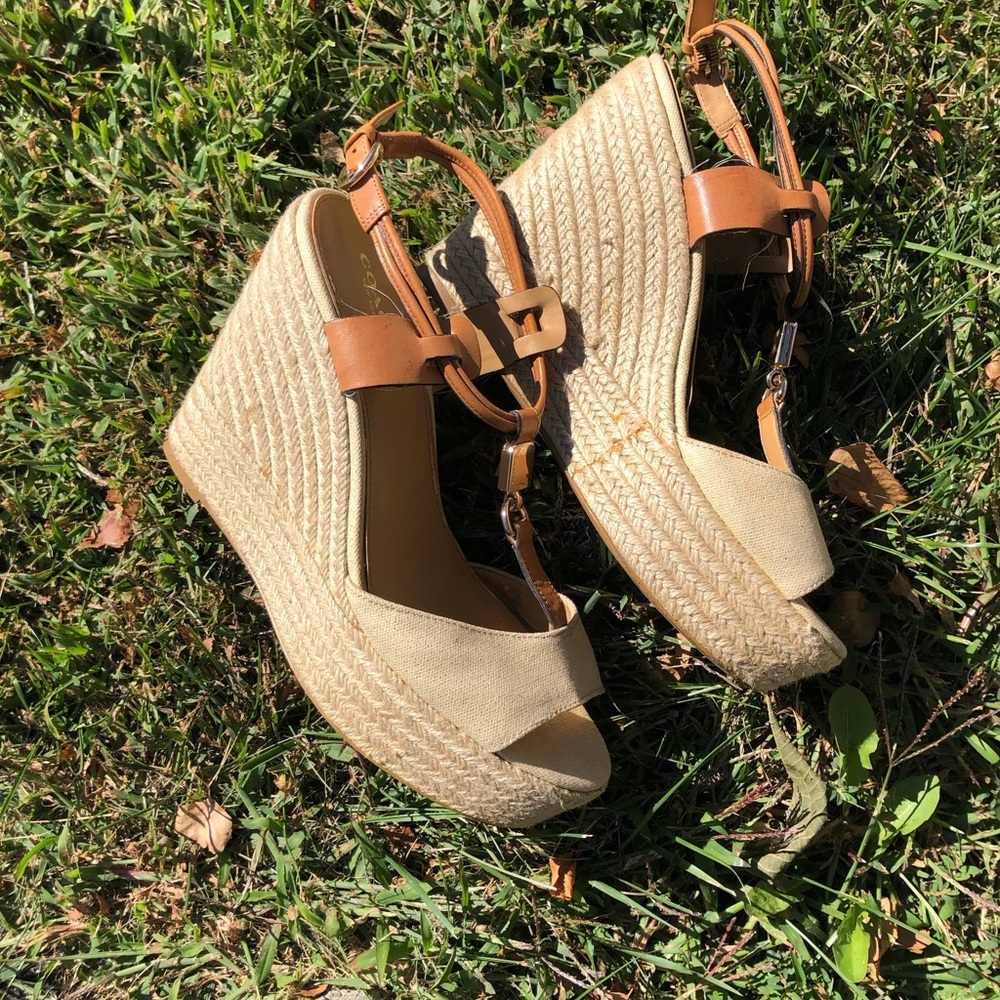 Coach Tan and Brown Wedge Sandals
